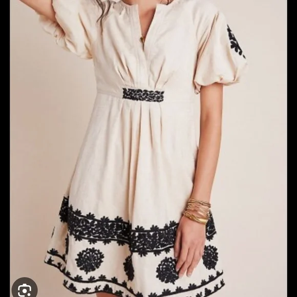 Anthropologie Cream Mini Dress with Black Embroidery Size 4 - Picture 5 of 14
